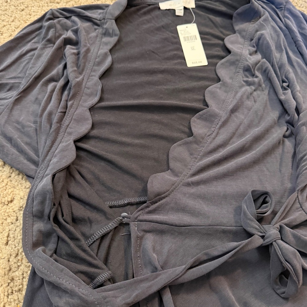 Anthropologie Eri + Ali Wrap Top XL Scallop Trim Bell Sleeve Jersey Gray - Picture 6 of 7
